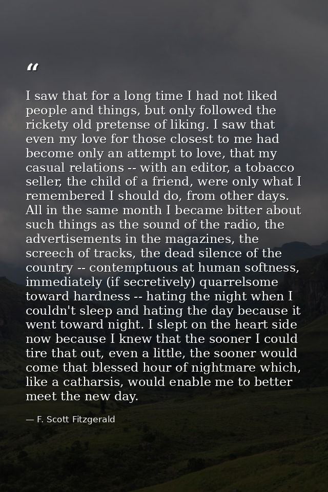 I saw that for a long time I had not liked people and things, but only followed the rickety old pretense of liking. I sa — F. Scott Fitzgerald