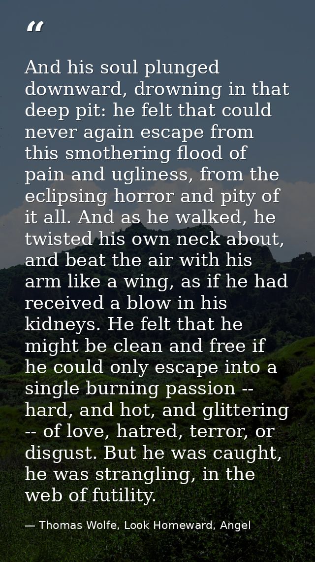 And his soul plunged downward, drowning in that deep pit: he felt that could never again escape from this smothering flo — Thomas Wolfe, Look Homeward, Angel