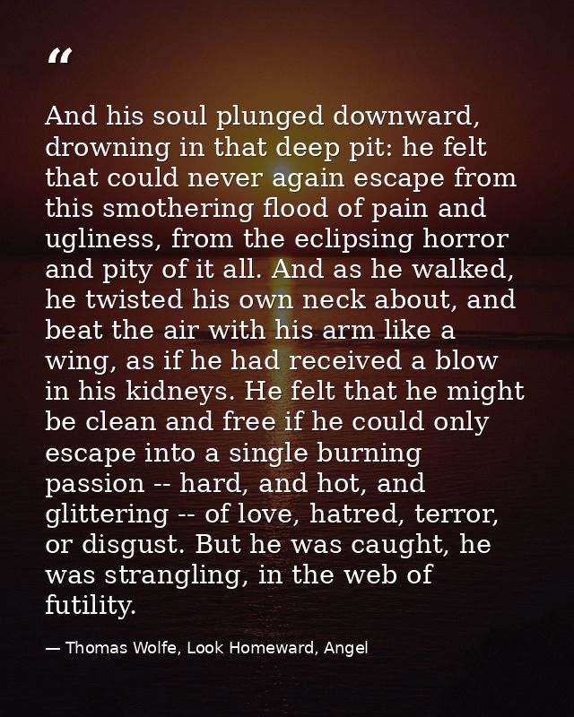 And his soul plunged downward, drowning in that deep pit: he felt that could never again escape from this smothering flo — Thomas Wolfe, Look Homeward, Angel