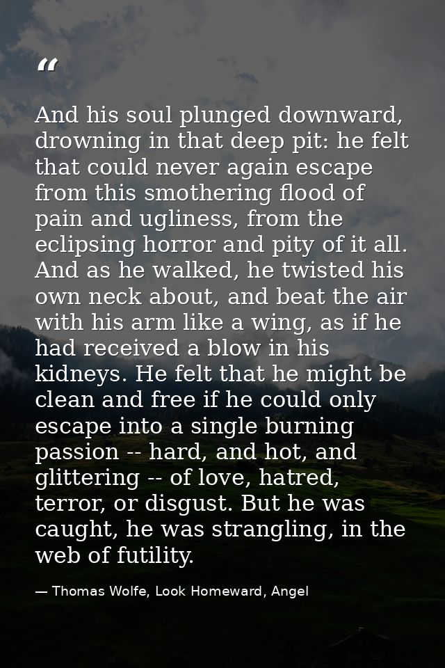 And his soul plunged downward, drowning in that deep pit: he felt that could never again escape from this smothering flo — Thomas Wolfe, Look Homeward, Angel