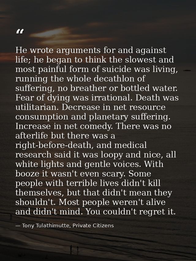 He wrote arguments for and against life; he began to think the slowest and most painful form of suicide was living, runn — Tony Tulathimutte, Private Citizens