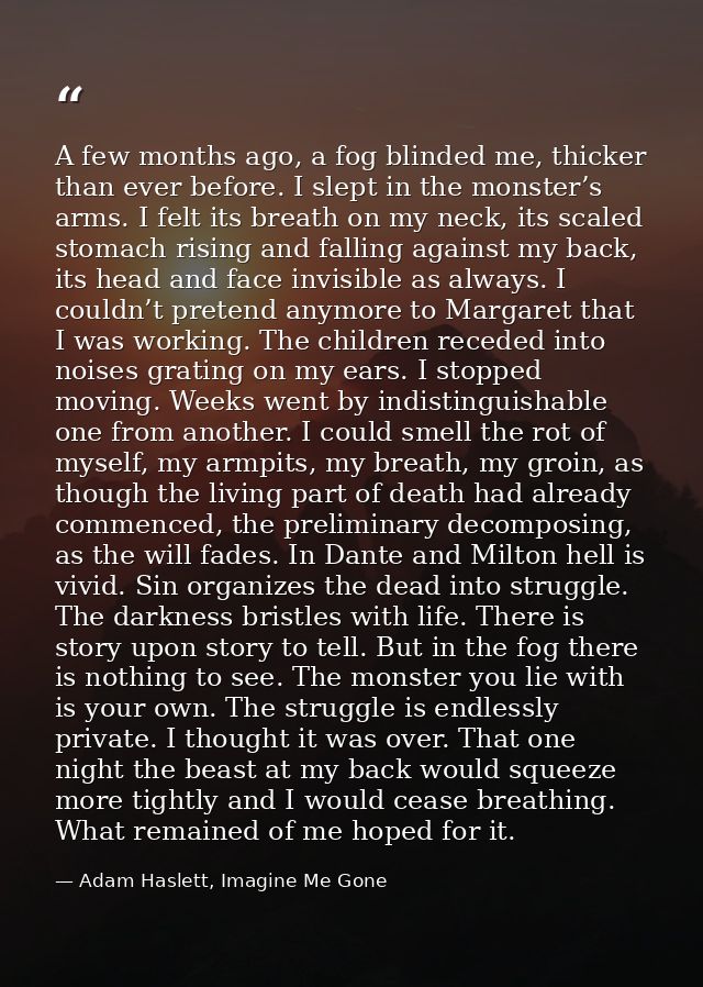 A few months ago, a fog blinded me, thicker than ever before. I slept in the monster’s arms. I felt its breath on my nec — Adam Haslett, Imagine Me Gone