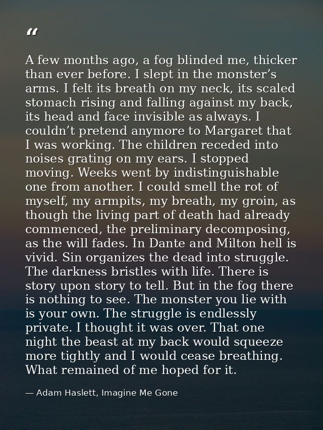 A few months ago, a fog blinded me, thicker than ever before. I slept in the monster’s arms. I felt its breath on my nec — Adam Haslett, Imagine Me Gone