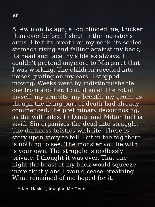 A few months ago, a fog blinded me, thicker than ever before. I slept in the monster’s arms. I felt its breath on my nec — Adam Haslett, Imagine Me Gone