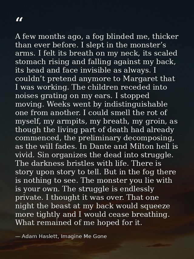 A few months ago, a fog blinded me, thicker than ever before. I slept in the monster’s arms. I felt its breath on my nec — Adam Haslett, Imagine Me Gone