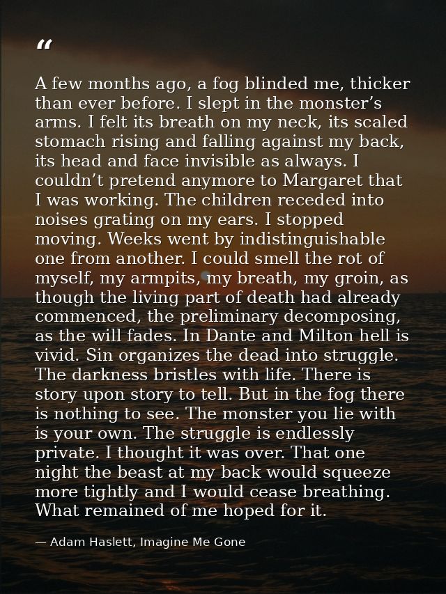 A few months ago, a fog blinded me, thicker than ever before. I slept in the monster’s arms. I felt its breath on my nec — Adam Haslett, Imagine Me Gone