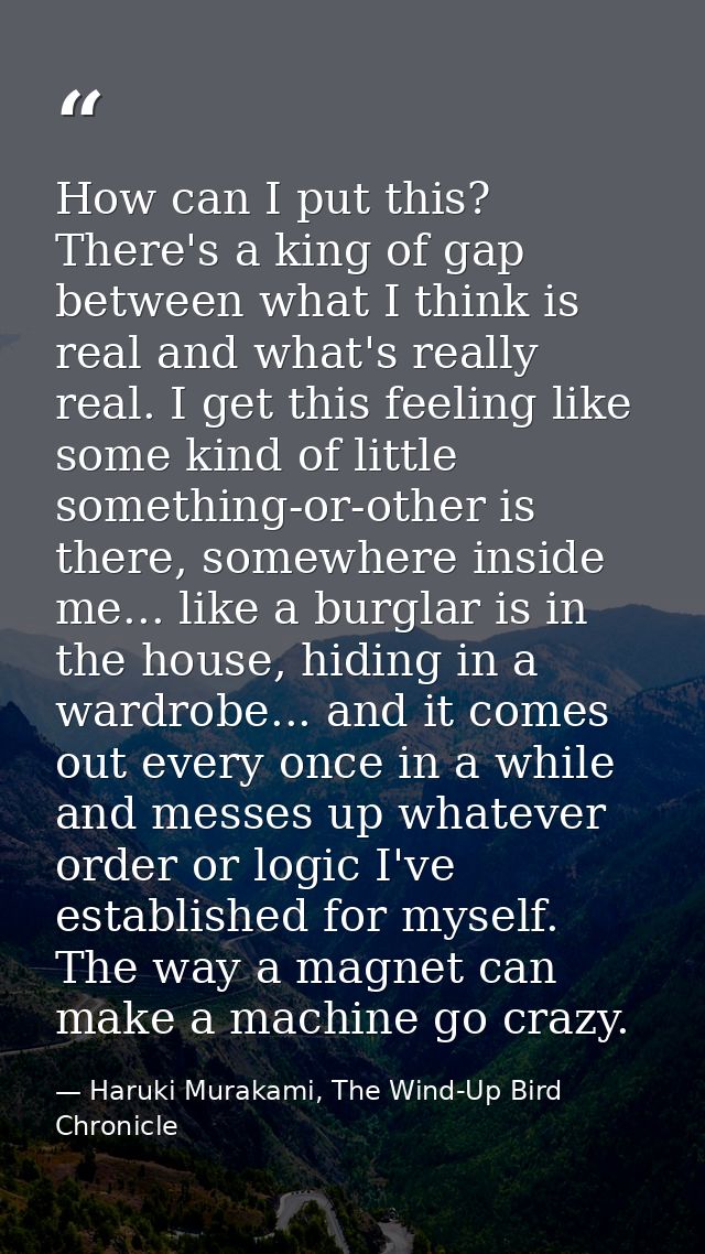 How can I put this? There's a king of gap between what I think is real and what's really real. I get this feeling like s — Haruki Murakami, The Wind-Up Bird Chronicle