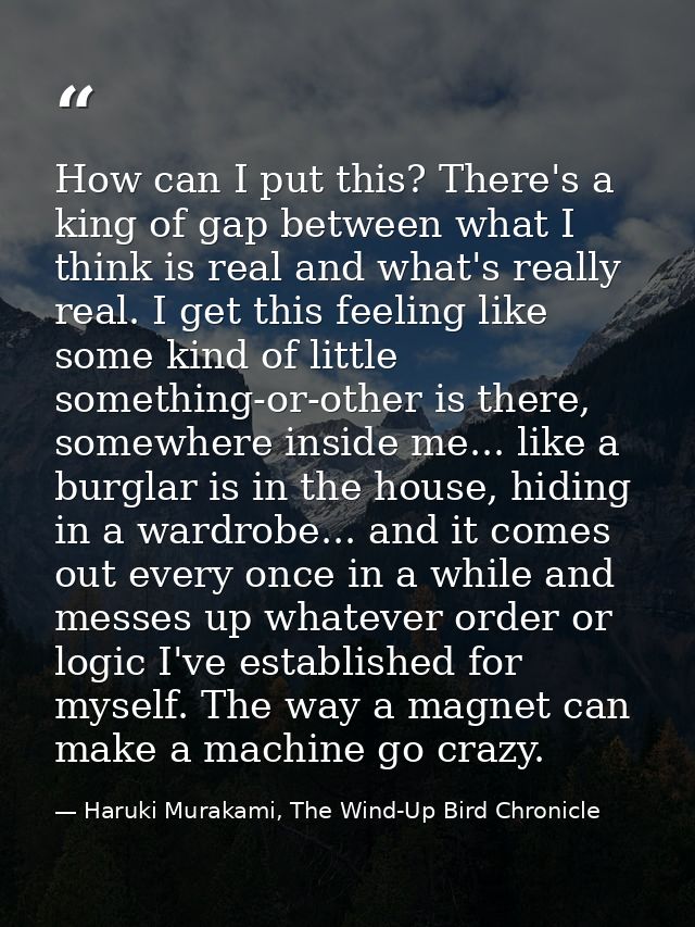 How can I put this? There's a king of gap between what I think is real and what's really real. I get this feeling like s — Haruki Murakami, The Wind-Up Bird Chronicle