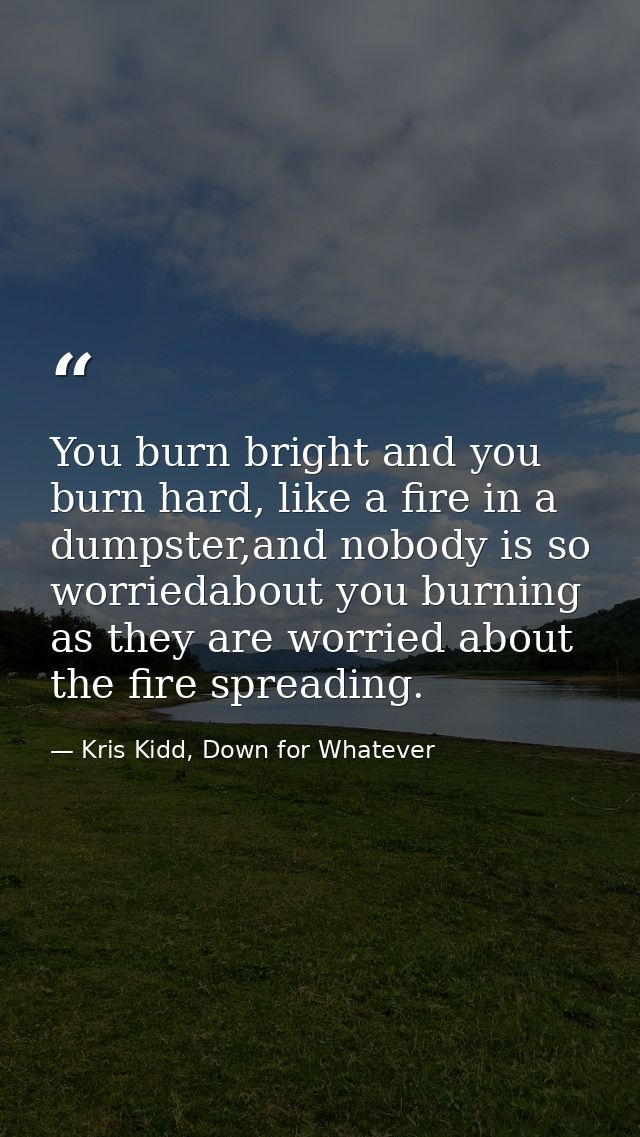 You burn bright and you burn hard, like a fire in a dumpster,and nobody is so worriedabout you burning as they are worri — Kris Kidd, Down for Whatever