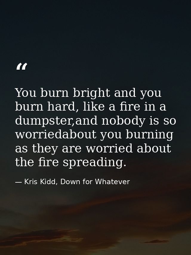 You burn bright and you burn hard, like a fire in a dumpster,and nobody is so worriedabout you burning as they are worri — Kris Kidd, Down for Whatever