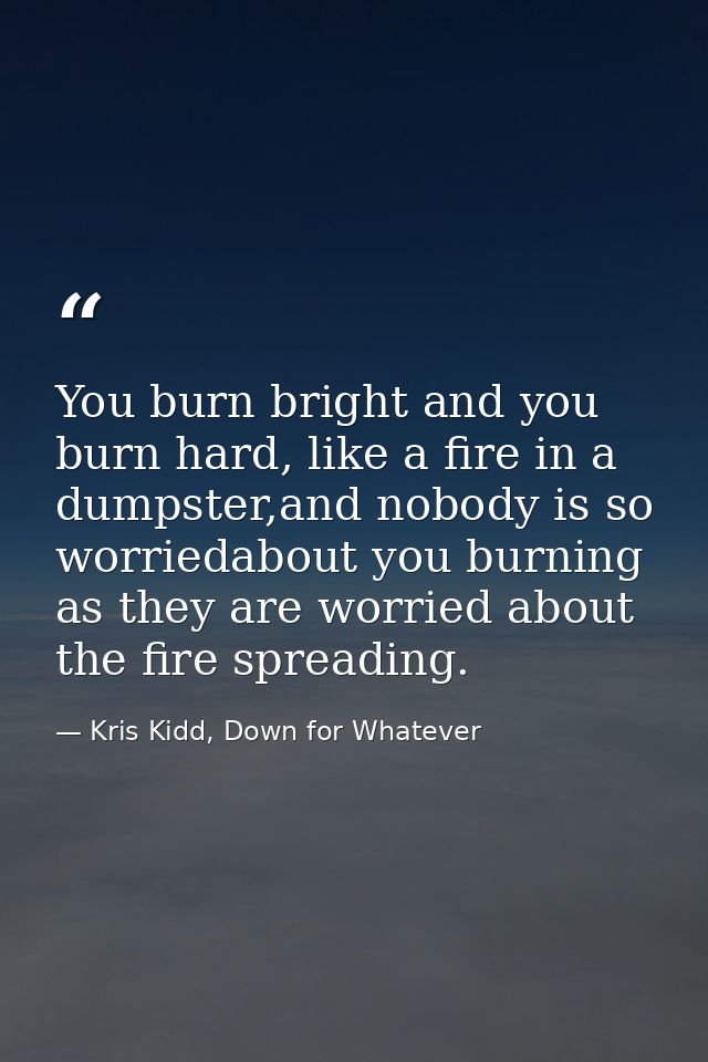 You burn bright and you burn hard, like a fire in a dumpster,and nobody is so worriedabout you burning as they are worri — Kris Kidd, Down for Whatever