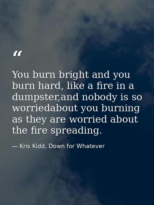 You burn bright and you burn hard, like a fire in a dumpster,and nobody is so worriedabout you burning as they are worri — Kris Kidd, Down for Whatever