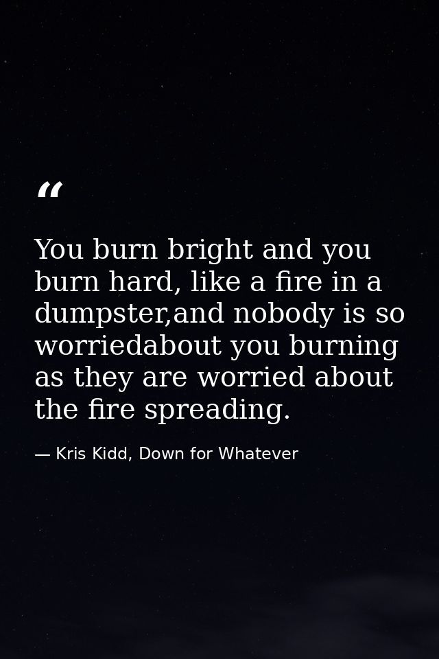 You burn bright and you burn hard, like a fire in a dumpster,and nobody is so worriedabout you burning as they are worri — Kris Kidd, Down for Whatever