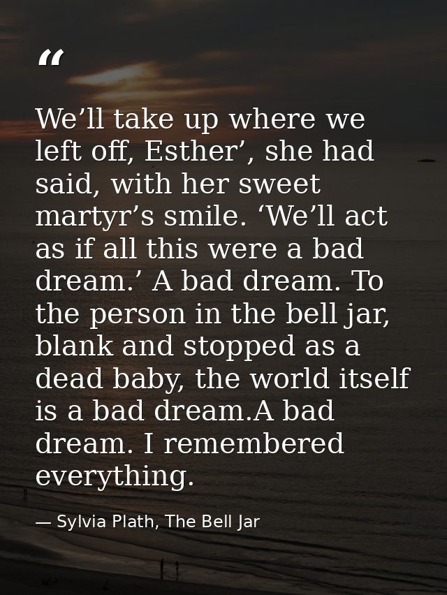We’ll take up where we left off, Esther’, she had said, with her sweet martyr’s smile. ‘We’ll act as if all this were a  — Sylvia Plath, The Bell Jar