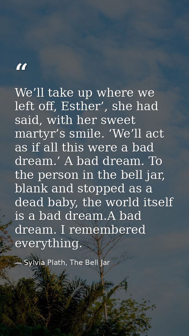 We’ll take up where we left off, Esther’, she had said, with her sweet martyr’s smile. ‘We’ll act as if all this were a  — Sylvia Plath, The Bell Jar