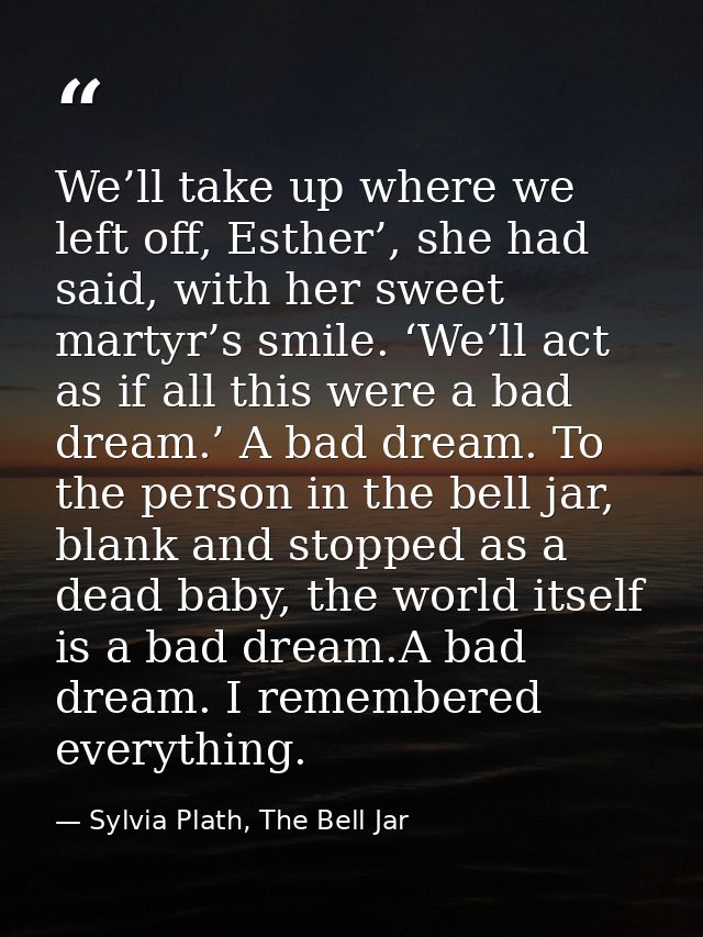 We’ll take up where we left off, Esther’, she had said, with her sweet martyr’s smile. ‘We’ll act as if all this were a  — Sylvia Plath, The Bell Jar