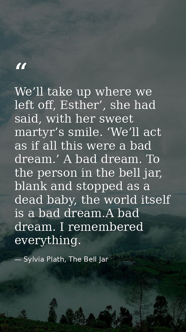 We’ll take up where we left off, Esther’, she had said, with her sweet martyr’s smile. ‘We’ll act as if all this were a  — Sylvia Plath, The Bell Jar
