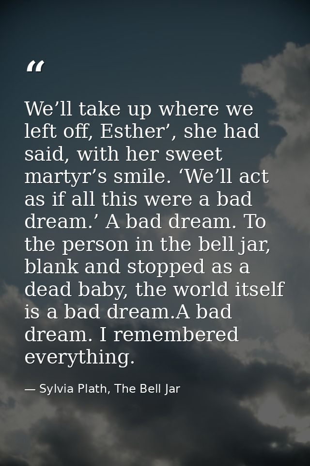 We’ll take up where we left off, Esther’, she had said, with her sweet martyr’s smile. ‘We’ll act as if all this were a  — Sylvia Plath, The Bell Jar