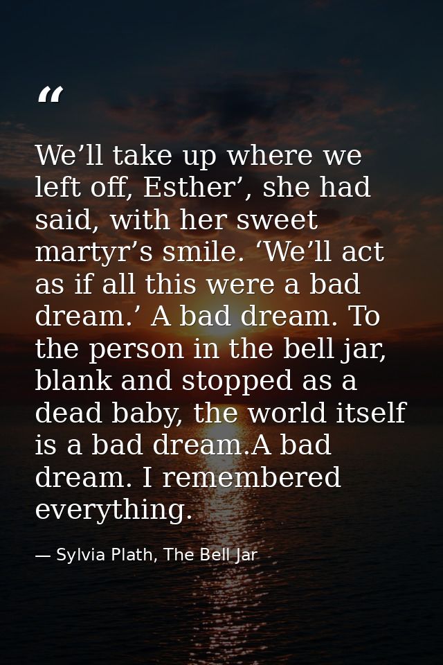 We’ll take up where we left off, Esther’, she had said, with her sweet martyr’s smile. ‘We’ll act as if all this were a  — Sylvia Plath, The Bell Jar