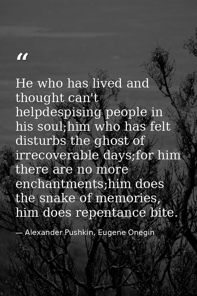He who has lived and thought can't helpdespising people in his soul;him who has felt disturbs the ghost of irrecoverable — Alexander Pushkin, Eugene Onegin