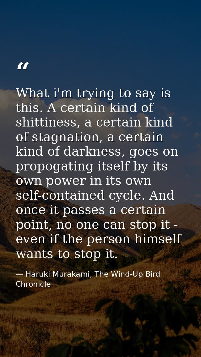 What i'm trying to say is this. A certain kind of shittiness, a certain kind of stagnation, a certain kind of darkness,  — Haruki Murakami, The Wind-Up Bird Chronicle