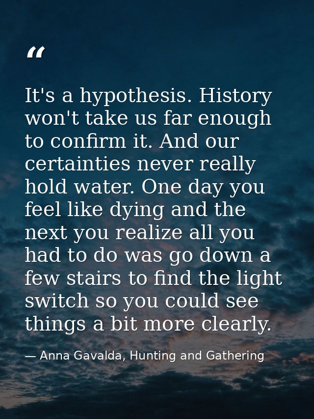 It's a hypothesis. History won't take us far enough to confirm it. And our certainties never really hold water. One day  — Anna Gavalda, Hunting and Gathering