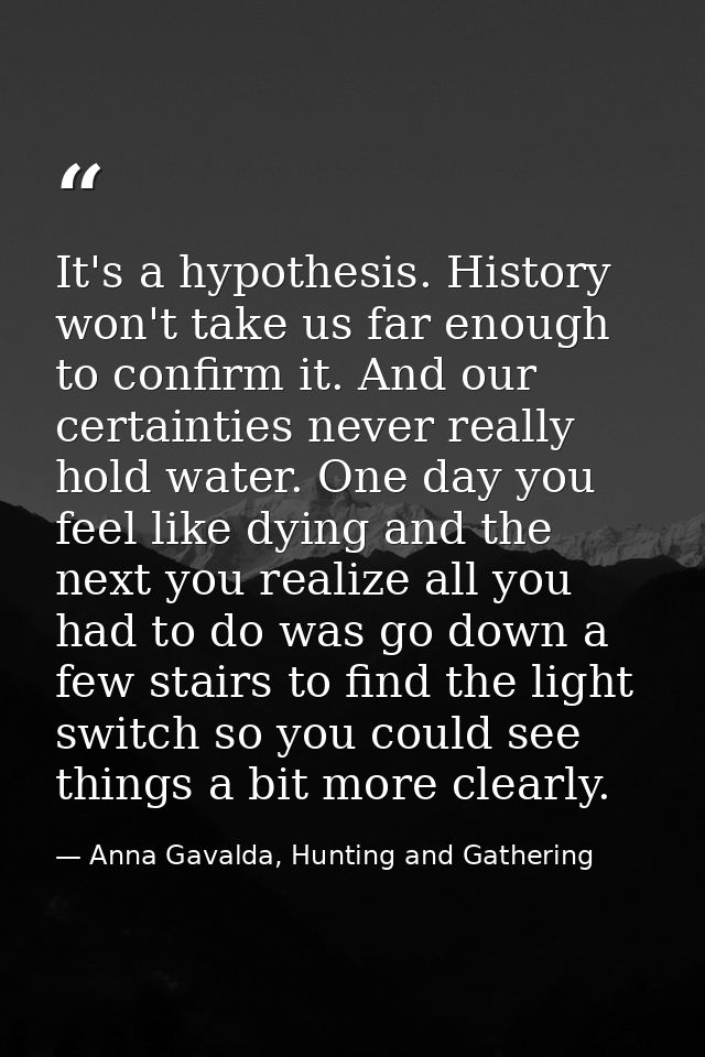 It's a hypothesis. History won't take us far enough to confirm it. And our certainties never really hold water. One day  — Anna Gavalda, Hunting and Gathering