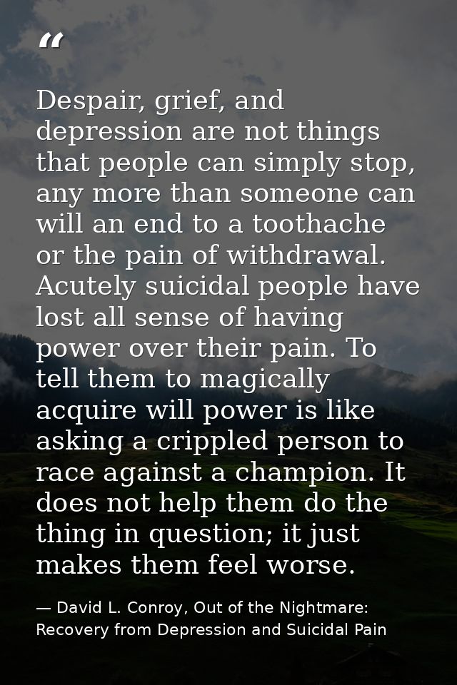 Despair, grief, and depression are not things that people can simply stop, any more than someone can will an end to a to — David L. Conroy, Out of the Nightmare: Recovery from Depression and Suicidal Pain