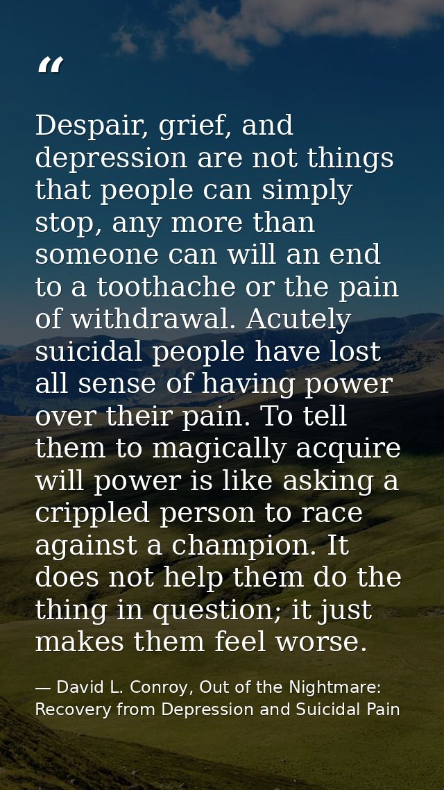 Despair, grief, and depression are not things that people can simply stop, any more than someone can will an end to a to — David L. Conroy, Out of the Nightmare: Recovery from Depression and Suicidal Pain