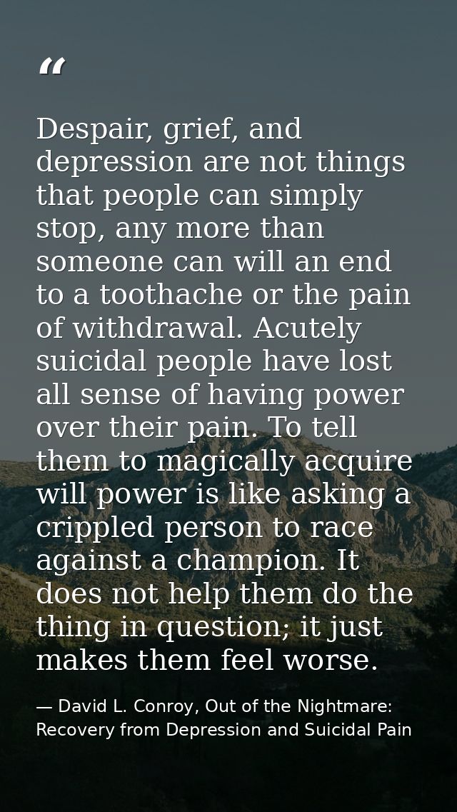 Despair, grief, and depression are not things that people can simply stop, any more than someone can will an end to a to — David L. Conroy, Out of the Nightmare: Recovery from Depression and Suicidal Pain