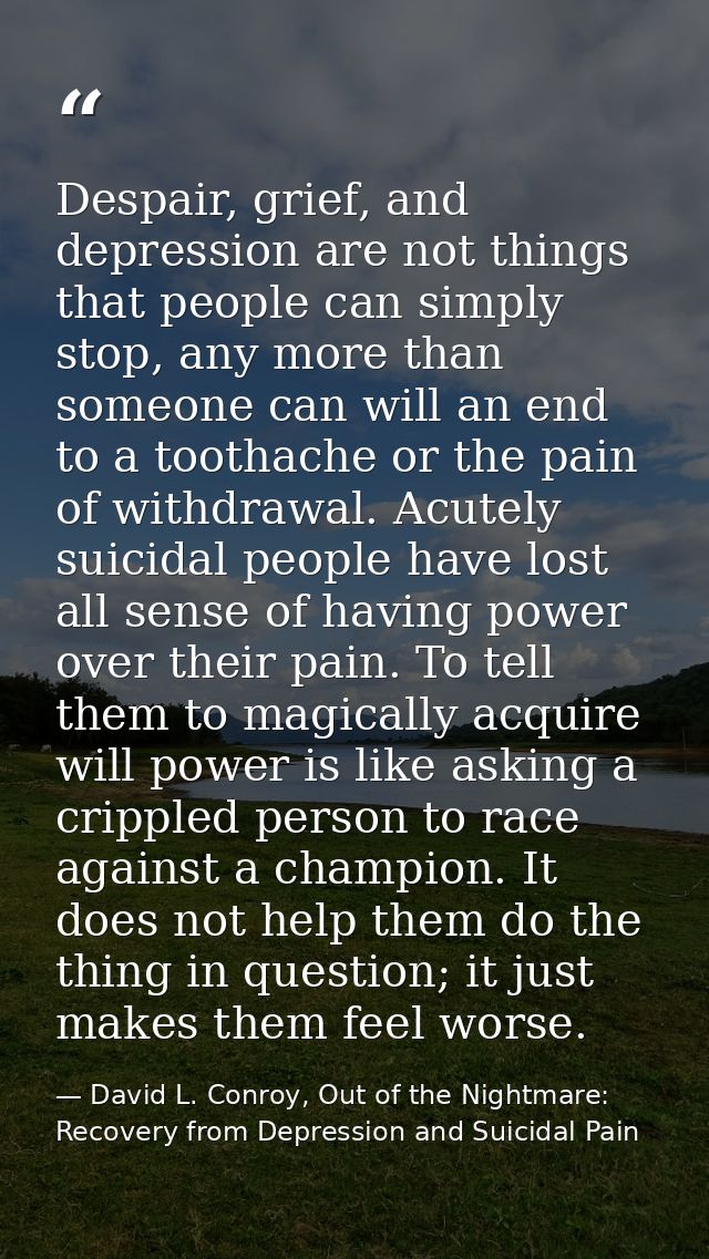 Despair, grief, and depression are not things that people can simply stop, any more than someone can will an end to a to — David L. Conroy, Out of the Nightmare: Recovery from Depression and Suicidal Pain