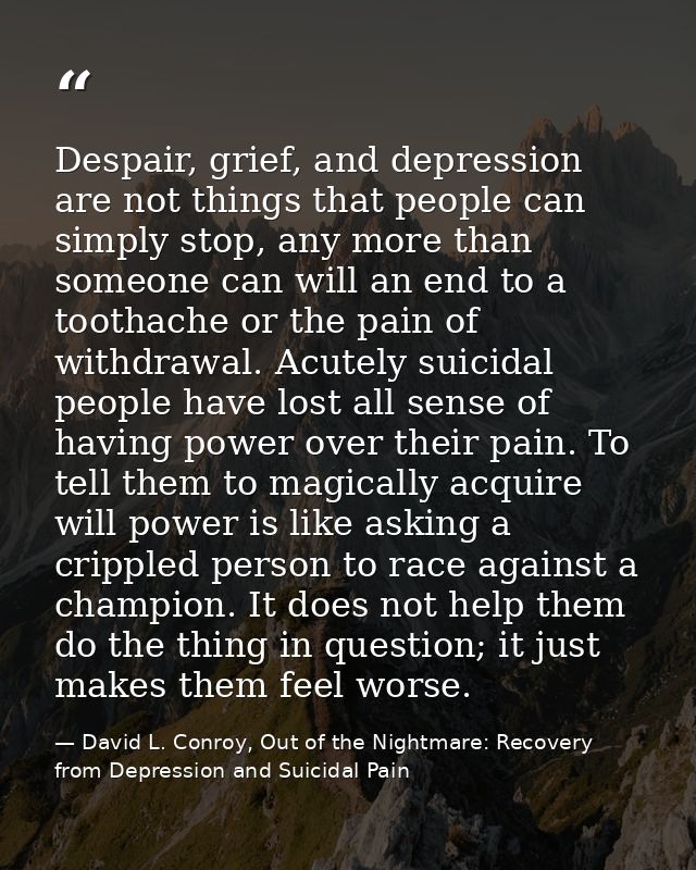 Despair, grief, and depression are not things that people can simply stop, any more than someone can will an end to a to — David L. Conroy, Out of the Nightmare: Recovery from Depression and Suicidal Pain