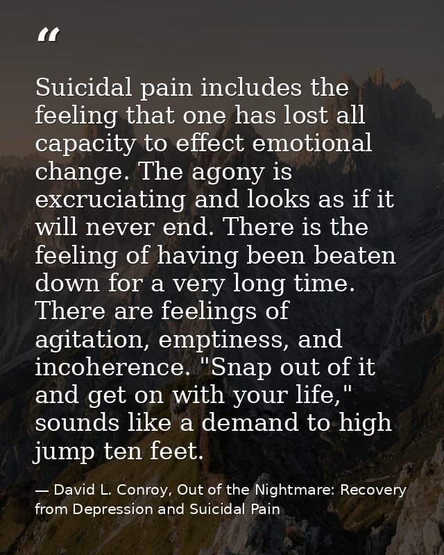 Suicidal pain includes the feeling that one has lost all capacity to effect emotional change. The agony is excruciating  — David L. Conroy, Out of the Nightmare: Recovery from Depression and Suicidal Pain