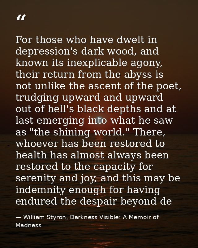 For those who have dwelt in depression's dark wood, and known its inexplicable agony, their return from the abyss is not — William Styron, Darkness Visible: A Memoir of Madness