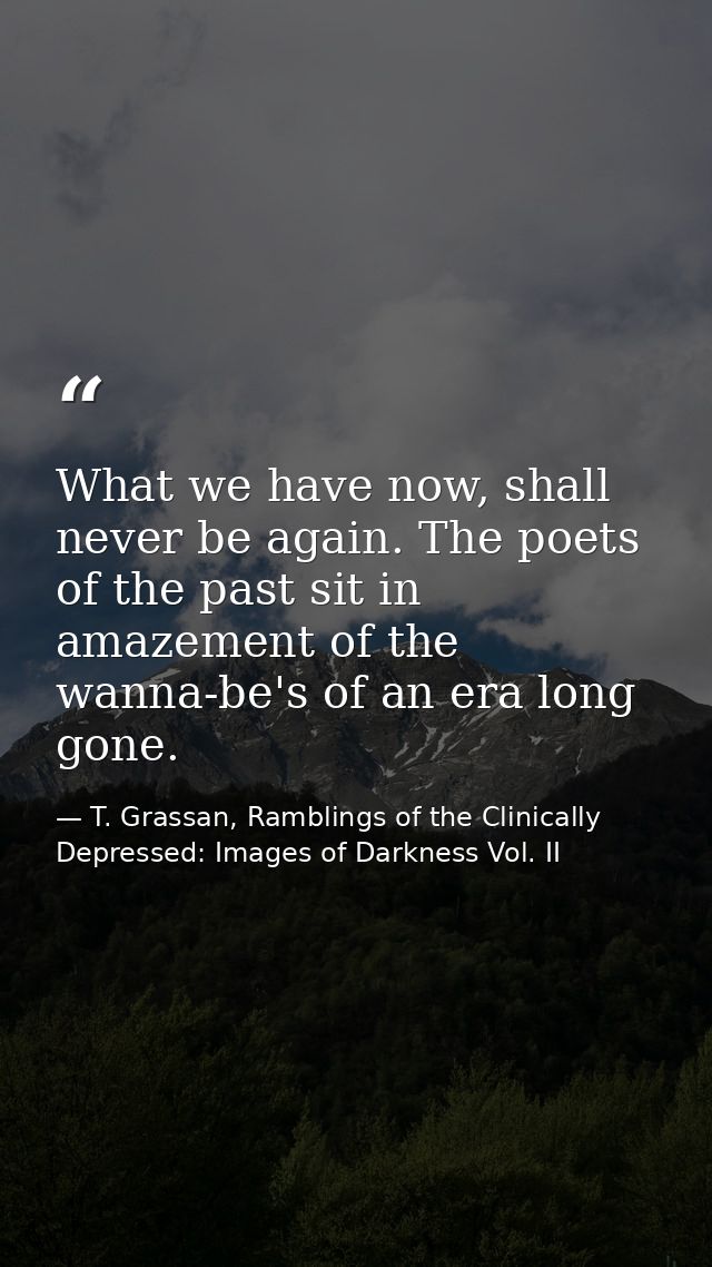 What we have now, shall never be again. The poets of the past sit in amazement of the wanna-be's of an era long gone. — T. Grassan, Ramblings of the Clinically Depressed: Images of Darkness Vol. II