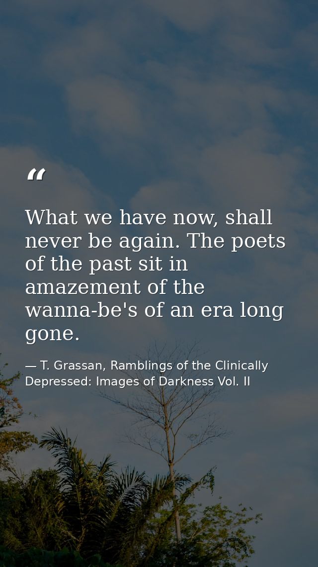 What we have now, shall never be again. The poets of the past sit in amazement of the wanna-be's of an era long gone. — T. Grassan, Ramblings of the Clinically Depressed: Images of Darkness Vol. II