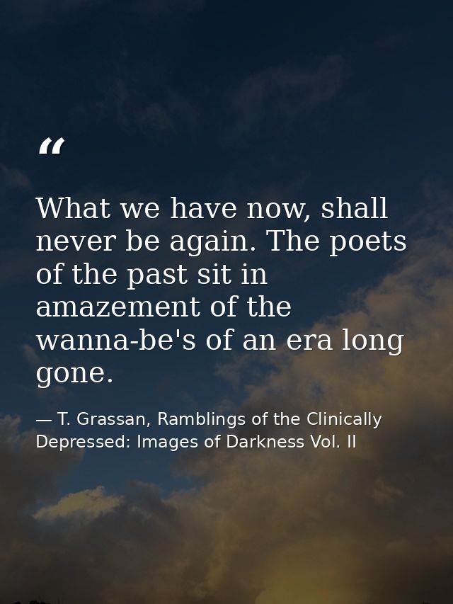 What we have now, shall never be again. The poets of the past sit in amazement of the wanna-be's of an era long gone. — T. Grassan, Ramblings of the Clinically Depressed: Images of Darkness Vol. II