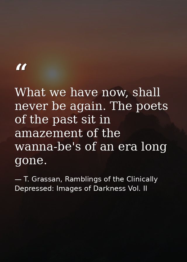 What we have now, shall never be again. The poets of the past sit in amazement of the wanna-be's of an era long gone. — T. Grassan, Ramblings of the Clinically Depressed: Images of Darkness Vol. II
