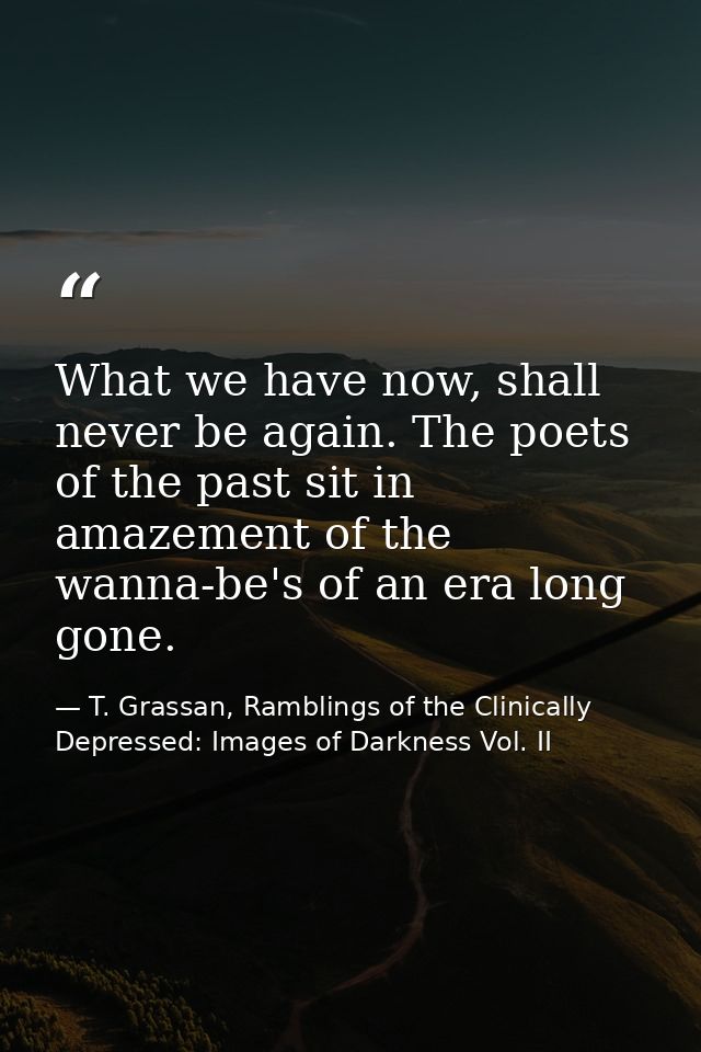What we have now, shall never be again. The poets of the past sit in amazement of the wanna-be's of an era long gone. — T. Grassan, Ramblings of the Clinically Depressed: Images of Darkness Vol. II