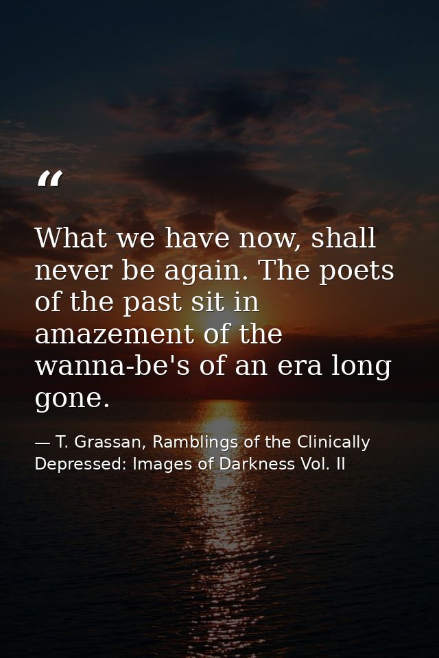 What we have now, shall never be again. The poets of the past sit in amazement of the wanna-be's of an era long gone. — T. Grassan, Ramblings of the Clinically Depressed: Images of Darkness Vol. II
