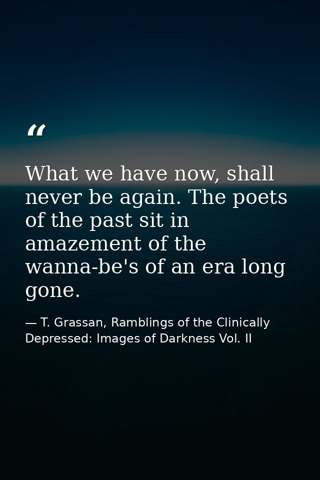 What we have now, shall never be again. The poets of the past sit in amazement of the wanna-be's of an era long gone. — T. Grassan, Ramblings of the Clinically Depressed: Images of Darkness Vol. II