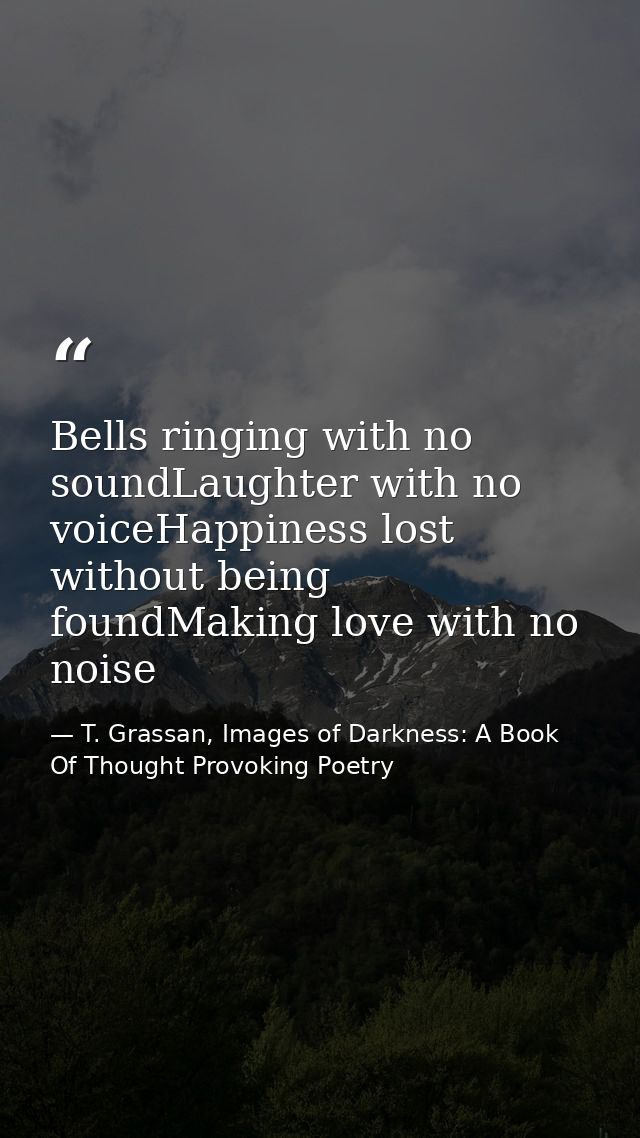 Bells ringing with no soundLaughter with no voiceHappiness lost without being foundMaking love with no noise — T. Grassan, Images of Darkness: A Book Of Thought Provoking Poetry