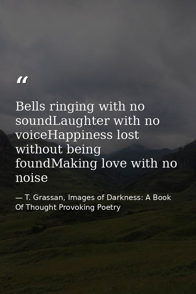 Bells ringing with no soundLaughter with no voiceHappiness lost without being foundMaking love with no noise — T. Grassan, Images of Darkness: A Book Of Thought Provoking Poetry