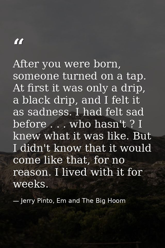 After you were born, someone turned on a tap. At first it was only a drip, a black drip, and I felt it as sadness. I had — Jerry Pinto, Em and The Big Hoom