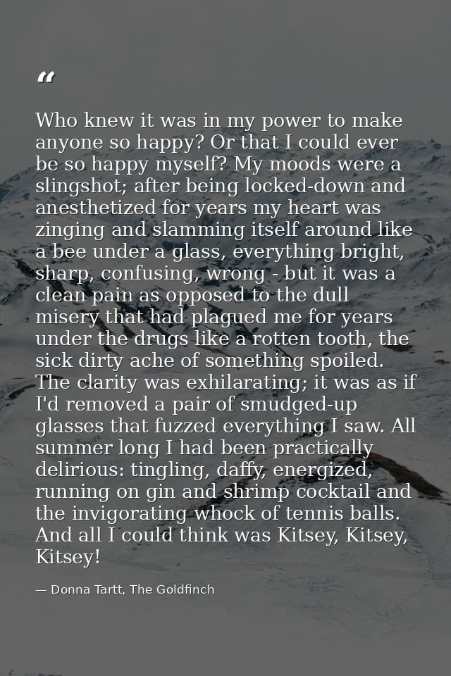 Who knew it was in my power to make anyone so happy? Or that I could ever be so happy myself? My moods were a slingshot; — Donna Tartt, The Goldfinch