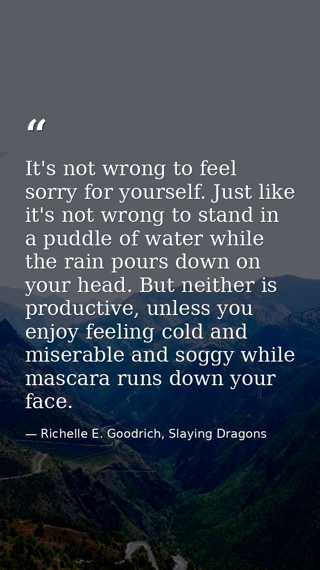 It's not wrong to feel sorry for yourself. Just like it's not wrong to stand in a puddle of water while the rain pours d — Richelle E. Goodrich, Slaying Dragons