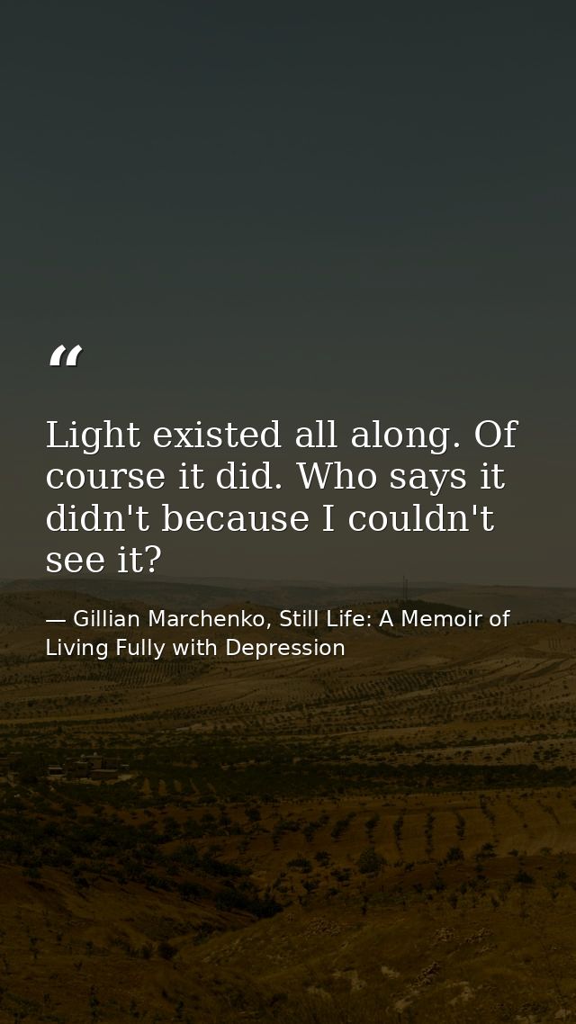 Light existed all along. Of course it did. Who says it didn't because I couldn't see it? — Gillian Marchenko, Still Life: A Memoir of Living Fully with Depression