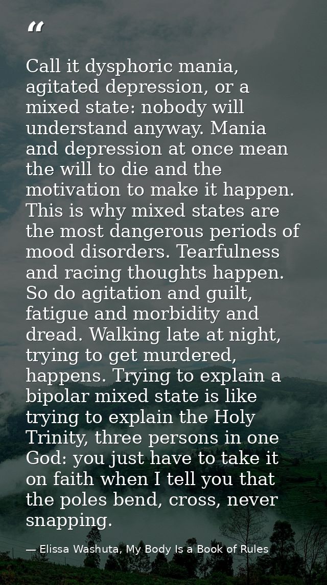 Call it dysphoric mania, agitated depression, or a mixed state: nobody will understand anyway. Mania and depression at o — Elissa Washuta, My Body Is a Book of Rules