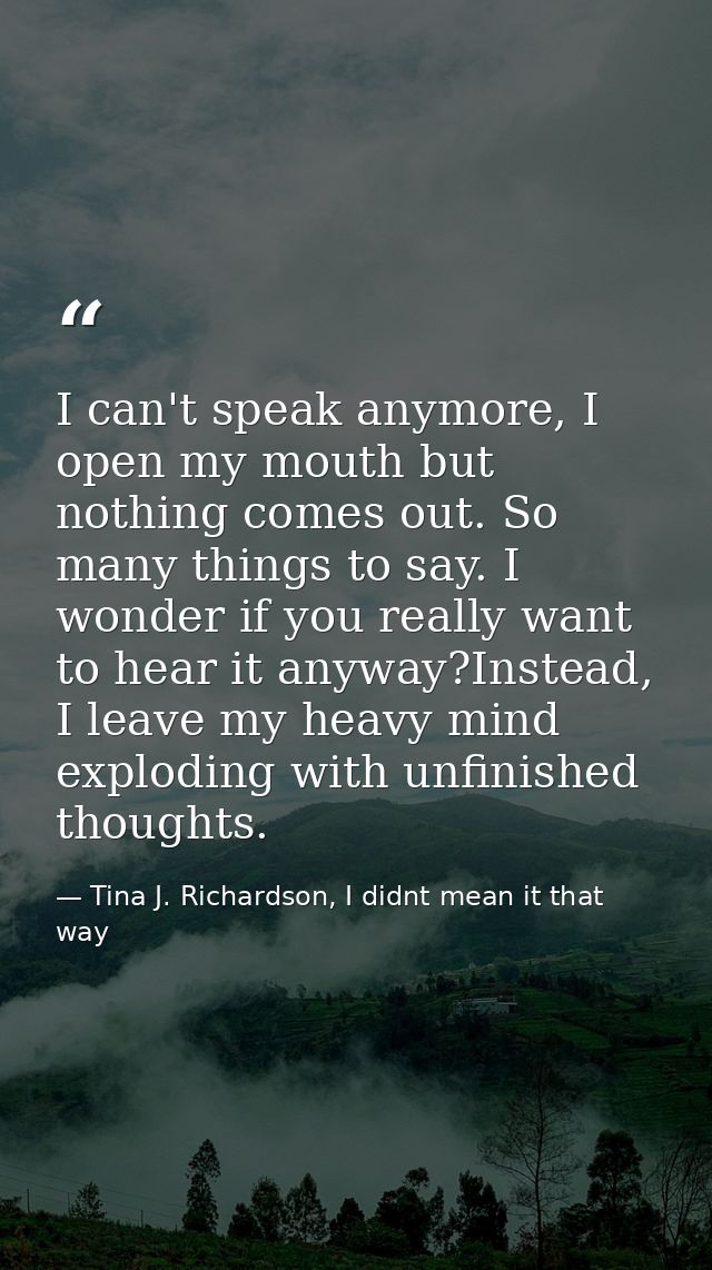 I can't speak anymore, I open my mouth but nothing comes out. So many things to say. I wonder if you really want to hear — Tina J. Richardson, I didnt mean it that way