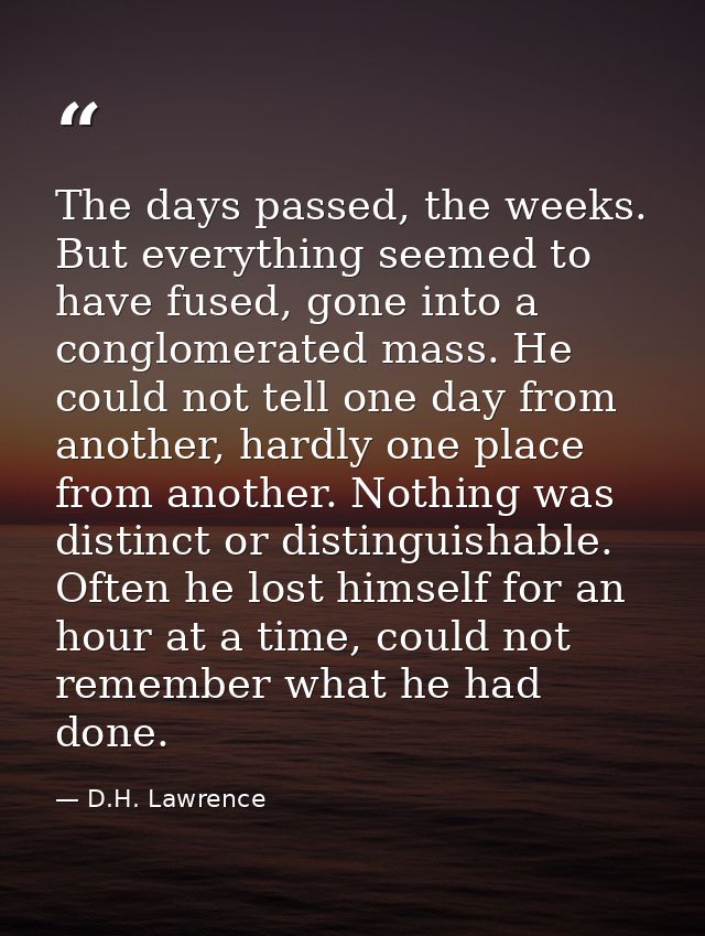 The days passed, the weeks. But everything seemed to have fused, gone into a conglomerated mass. He could not tell one d — D.H. Lawrence